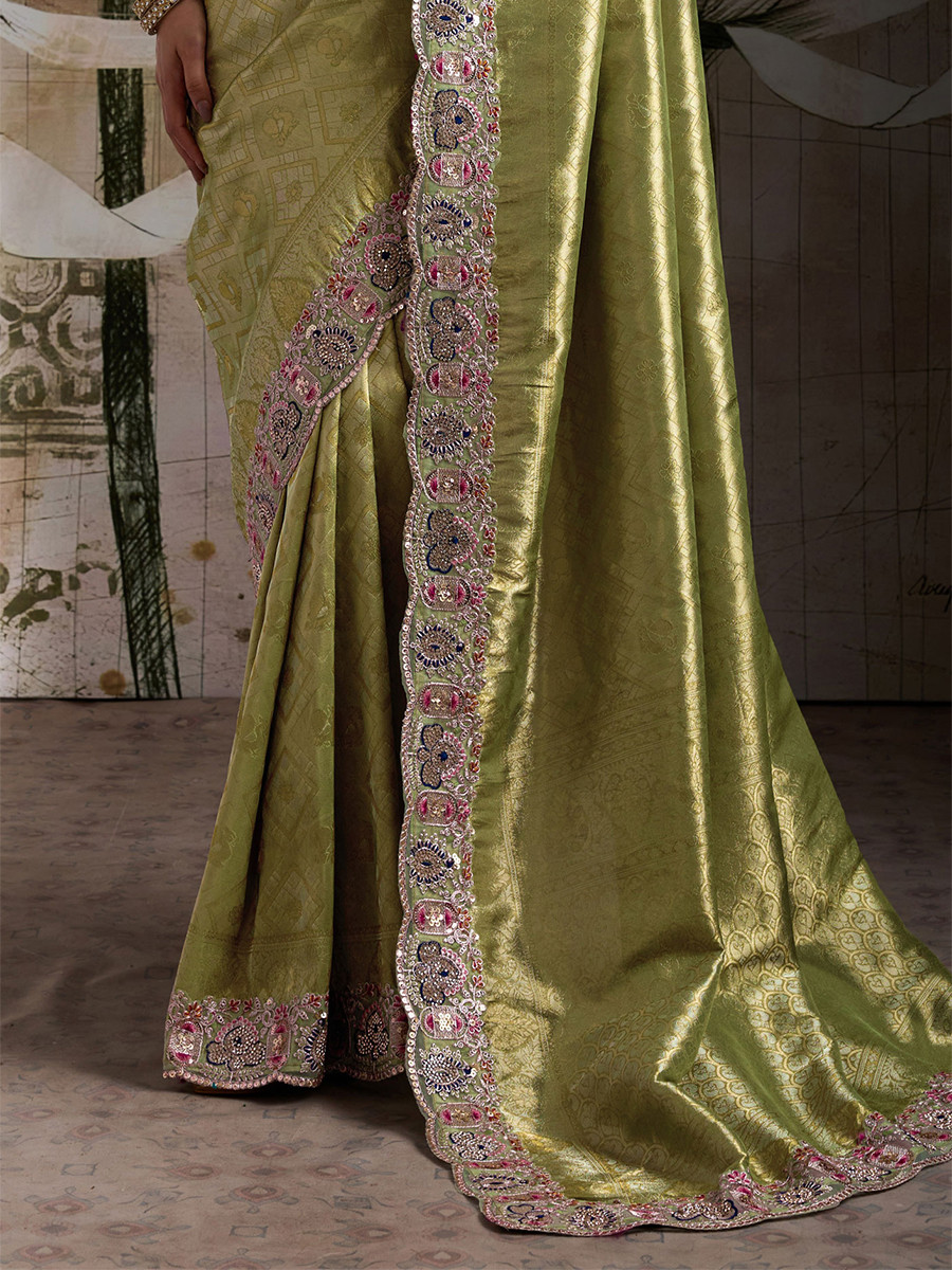 Perrot Green Banarasi Silk Jacquard Embroidery Zari Sequins Wedding Reception Party Festival Casual Heavy Border Sarees