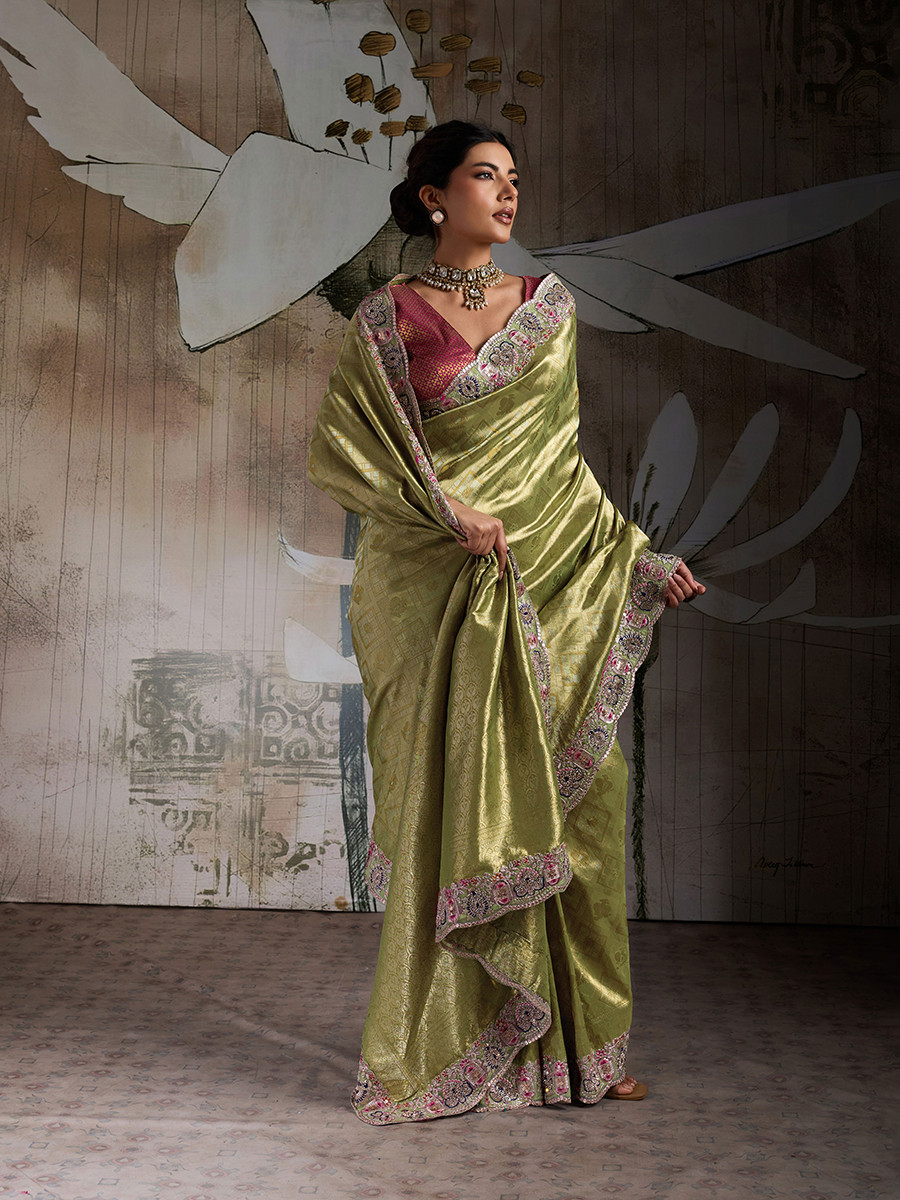 Perrot Green Banarasi Silk Jacquard Embroidery Zari Sequins Wedding Reception Party Festival Casual Heavy Border Sarees