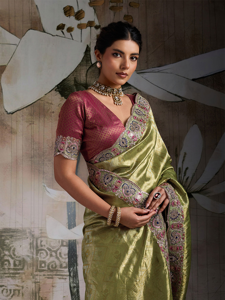 Perrot Green Banarasi Silk Jacquard Embroidery Zari Sequins Wedding Reception Party Festival Casual Heavy Border Sarees