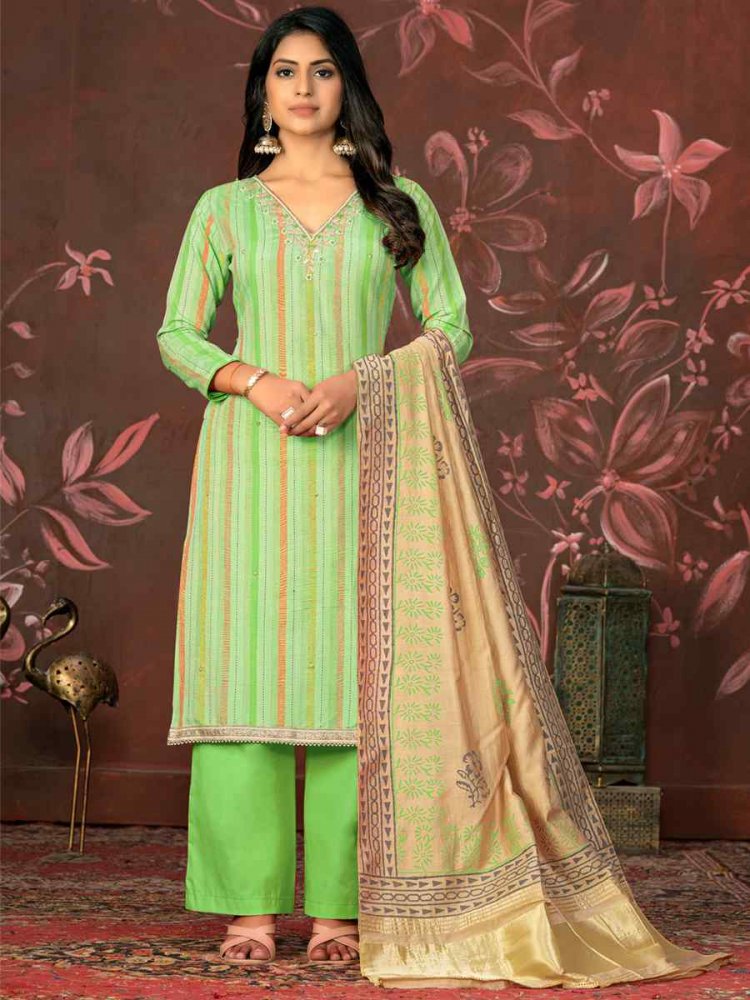 Perrot Green Cambric Cotton Embroidered Casual Festival Pant Salwar Kameez