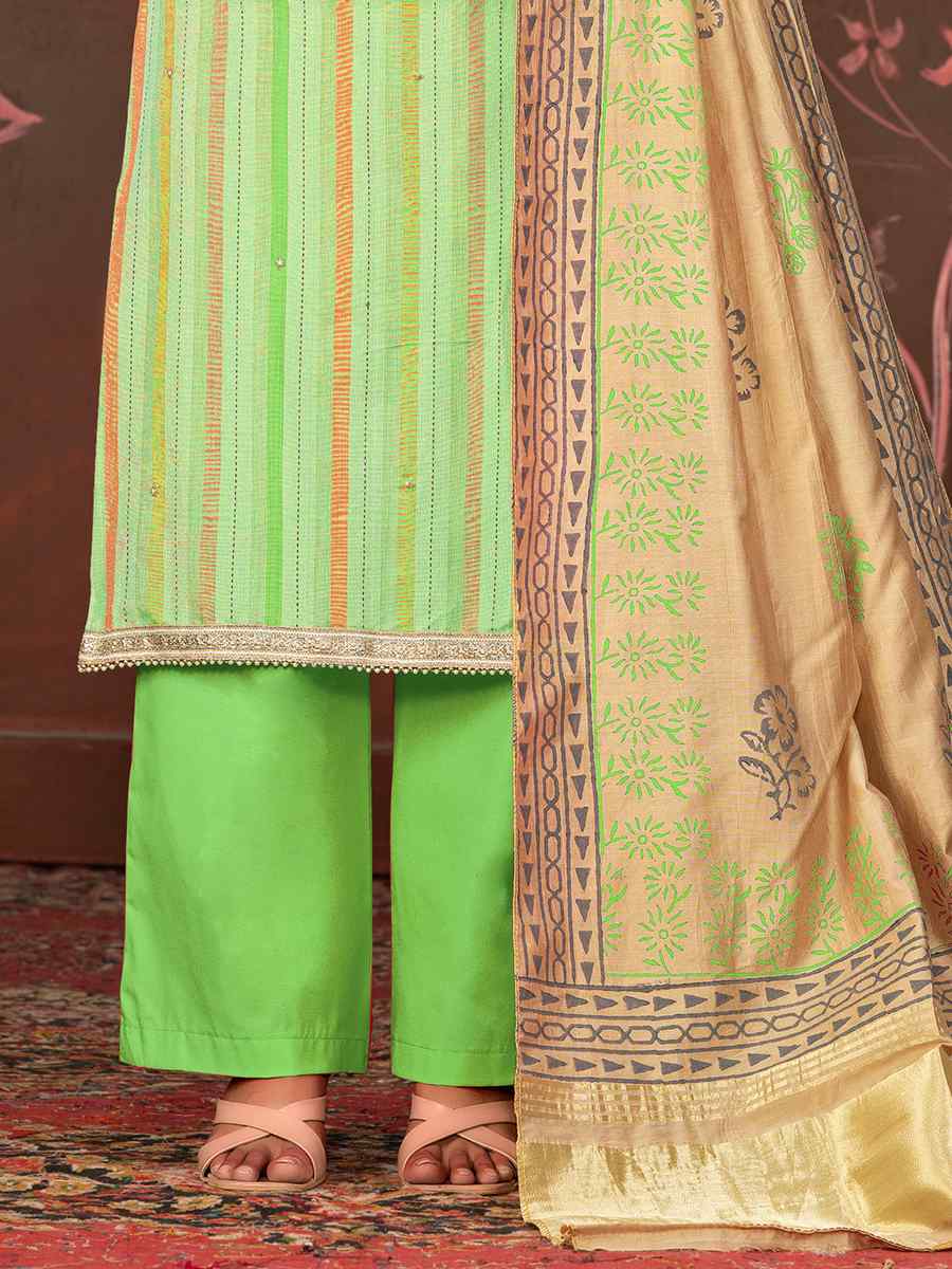 Perrot Green Cambric Cotton Embroidered Casual Festival Pant Salwar Kameez