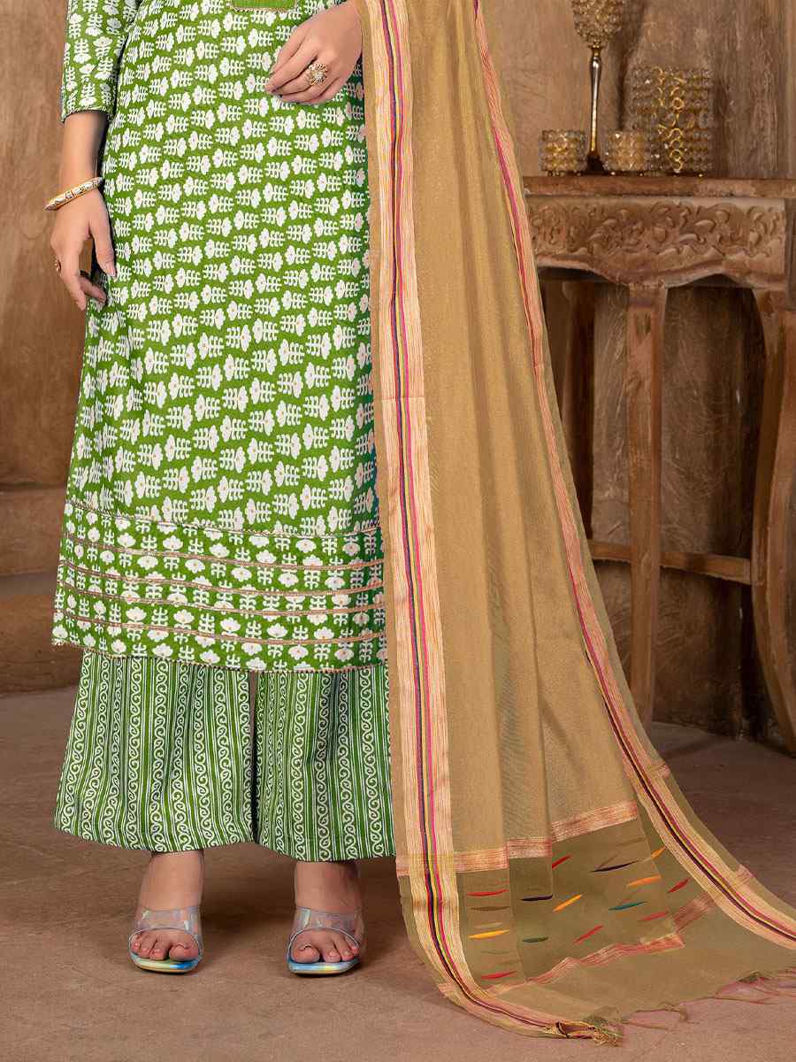 Perrot Green Cambric Cotton Printed Casual Festival Pant Salwar Kameez