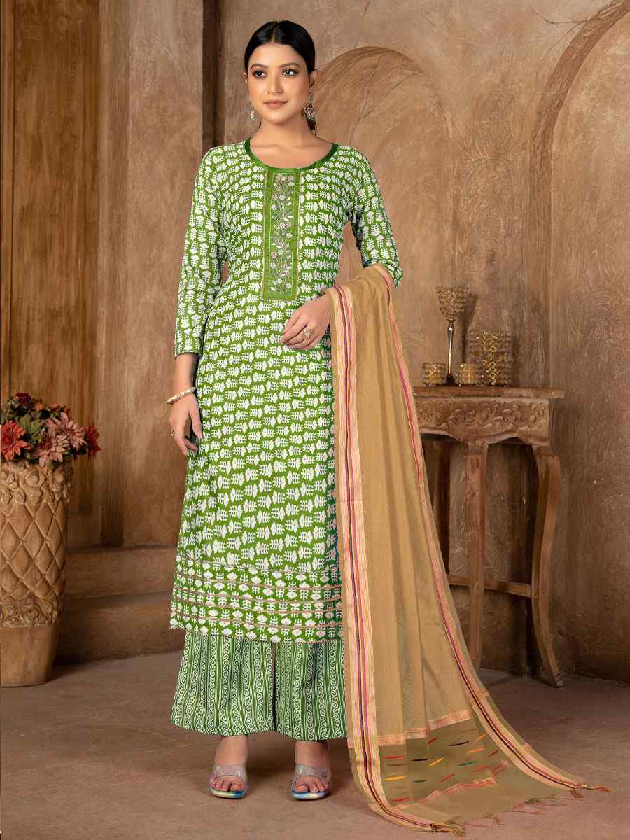 Perrot Green Cambric Cotton Printed Casual Festival Pant Salwar Kameez