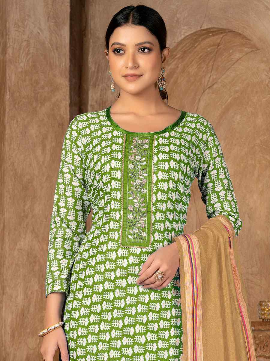 Perrot Green Cambric Cotton Printed Casual Festival Pant Salwar Kameez