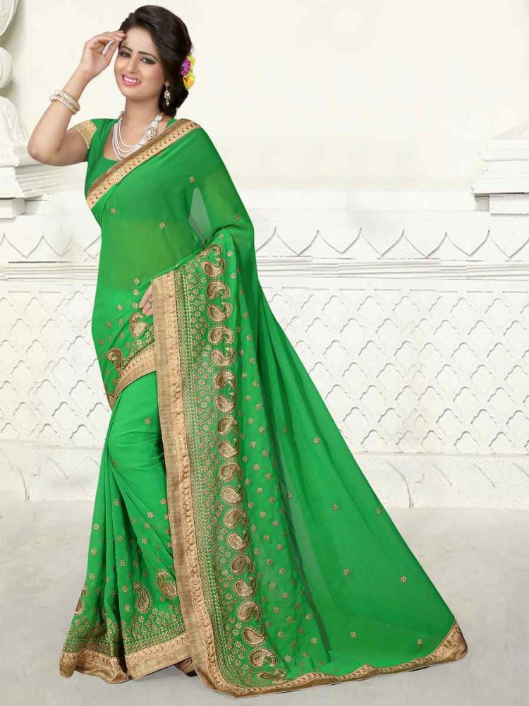 Perrot Green Georgette Handwoven Wedding Festival Heavy Border Saree