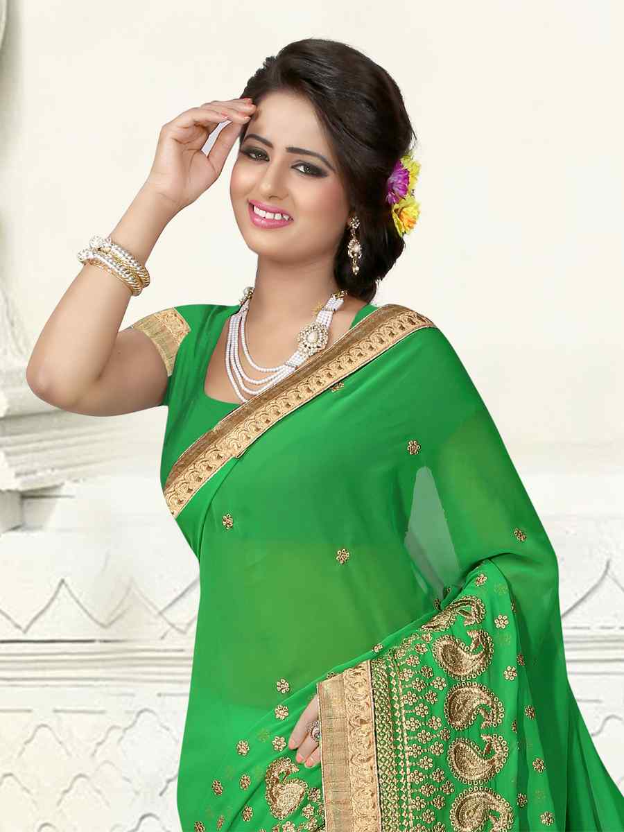 Perrot Green Georgette Handwoven Wedding Festival Heavy Border Saree