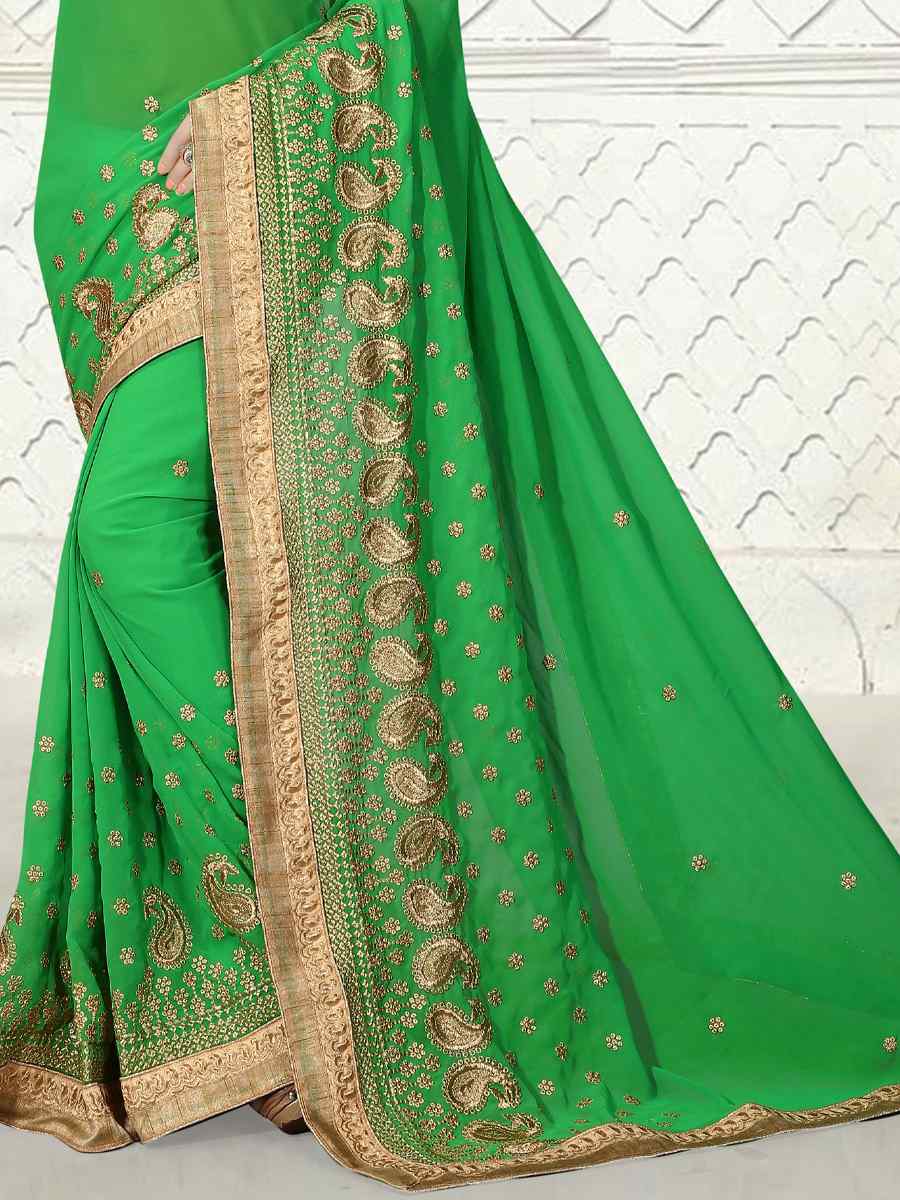 Perrot Green Georgette Handwoven Wedding Festival Heavy Border Saree