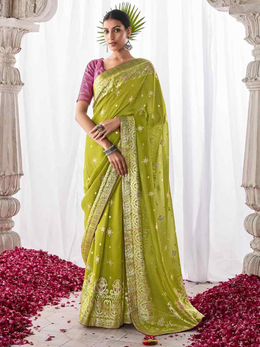Perrot Green Kora Silk Handwoven Wedding Festival Heavy Border Saree