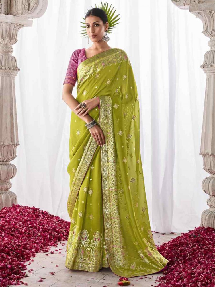 Perrot Green Kora Silk Handwoven Wedding Festival Heavy Border Saree