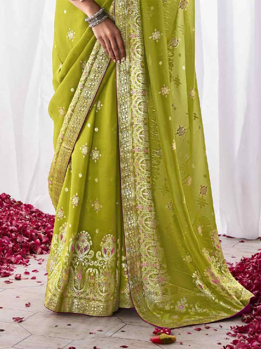 Perrot Green Kora Silk Handwoven Wedding Festival Heavy Border Saree