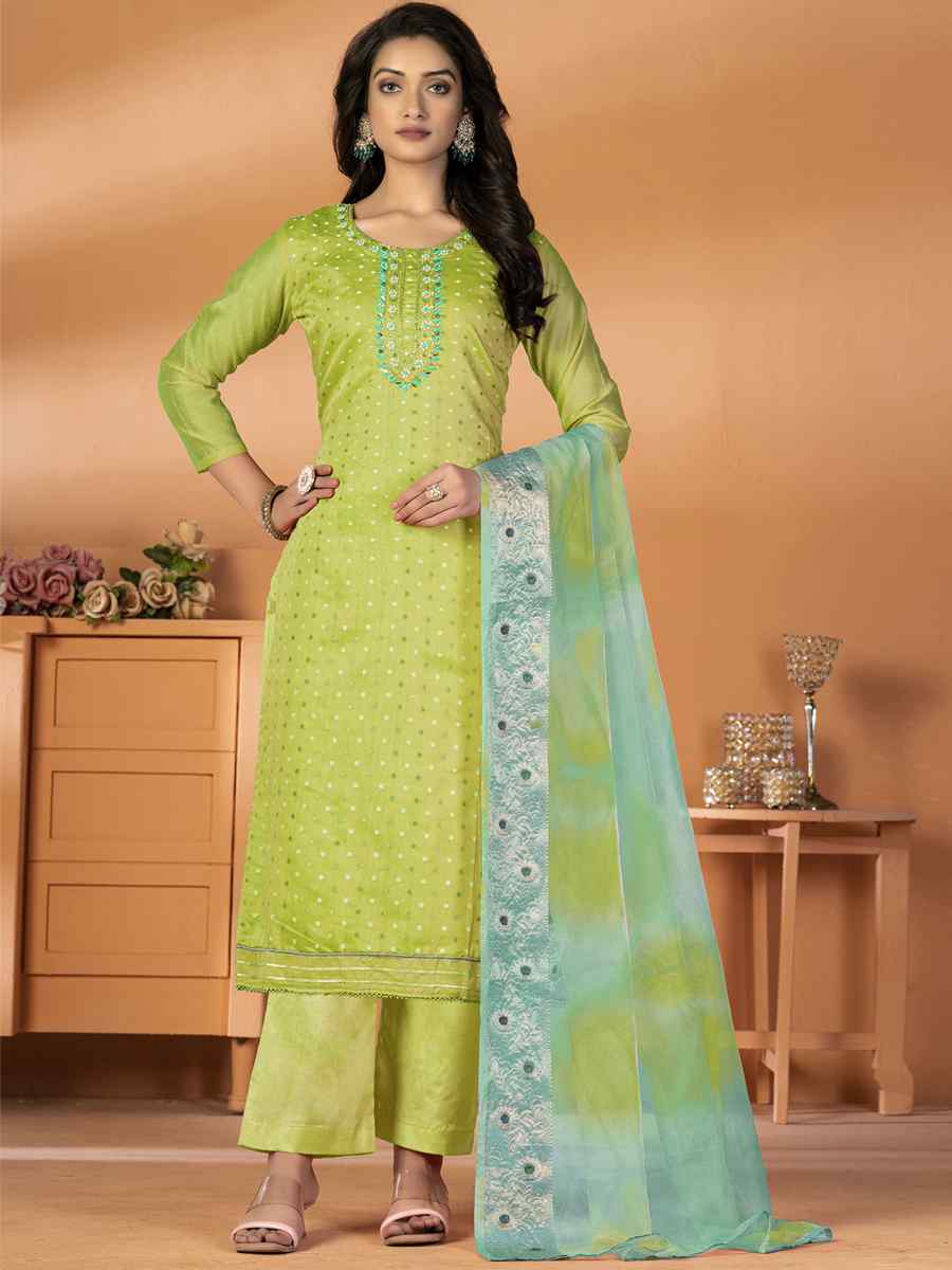 Perrot Green Modal Silk Embroidered Casual Festival Pant Salwar Kameez