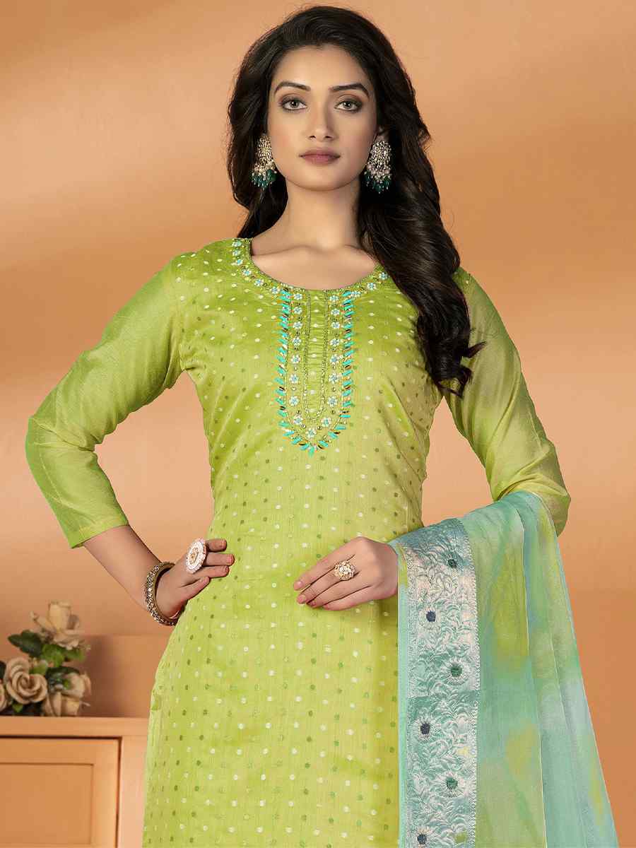 Perrot Green Modal Silk Embroidered Casual Festival Pant Salwar Kameez