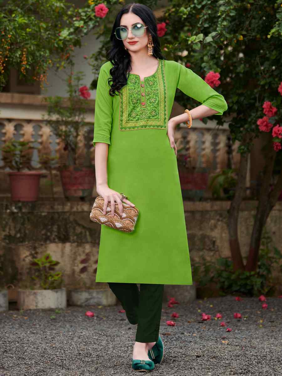 Perrot Green Nira Cotton Embroidered Festival Casual Kurti