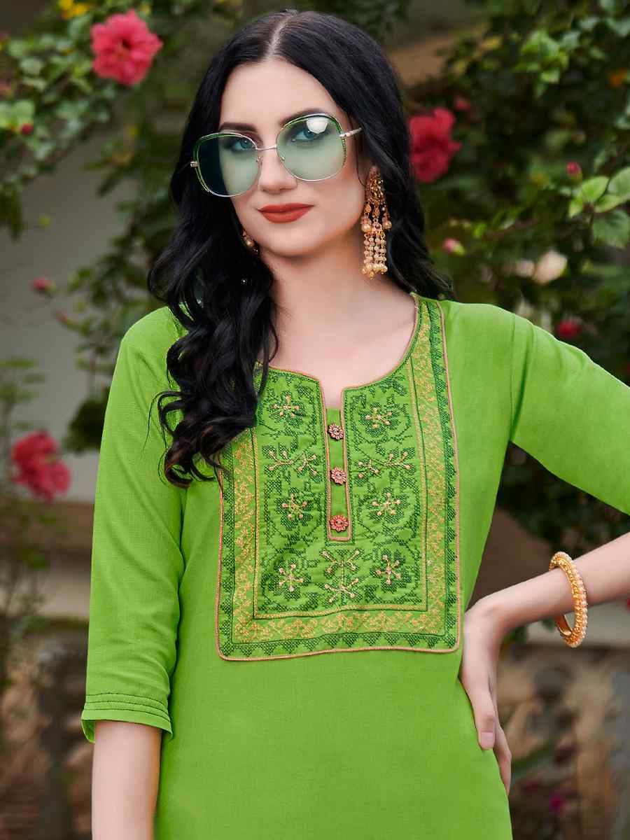 Perrot Green Nira Cotton Embroidered Festival Casual Kurti