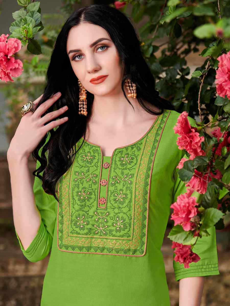 Perrot Green Nira Cotton Embroidered Festival Casual Kurti