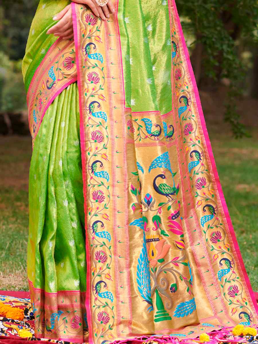 Perrot Green Paithani Silk Handwoven Festival Wedding Heavy Border Saree