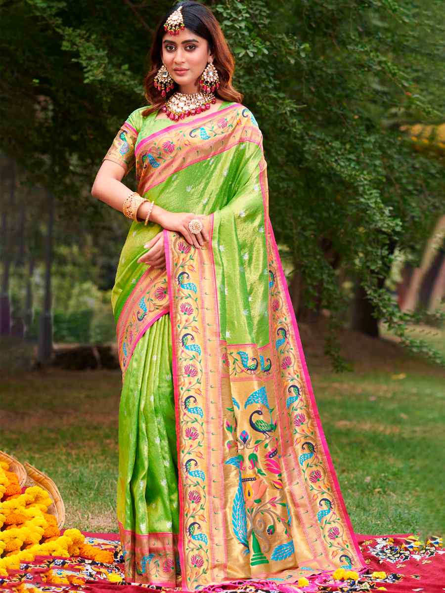 Perrot Green Paithani Silk Handwoven Festival Wedding Heavy Border Saree