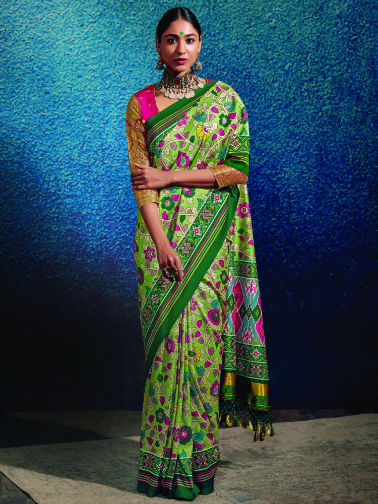 Perrot Green Tussar Silk Printed Casual Festival Contemporary Saree