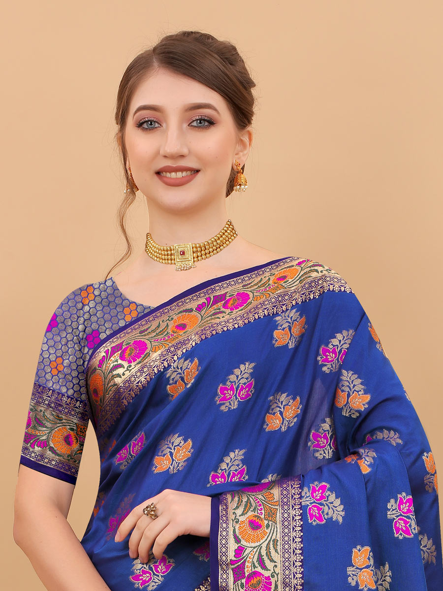 Persian Blue Brocade Silk Handwoven Festival Saree