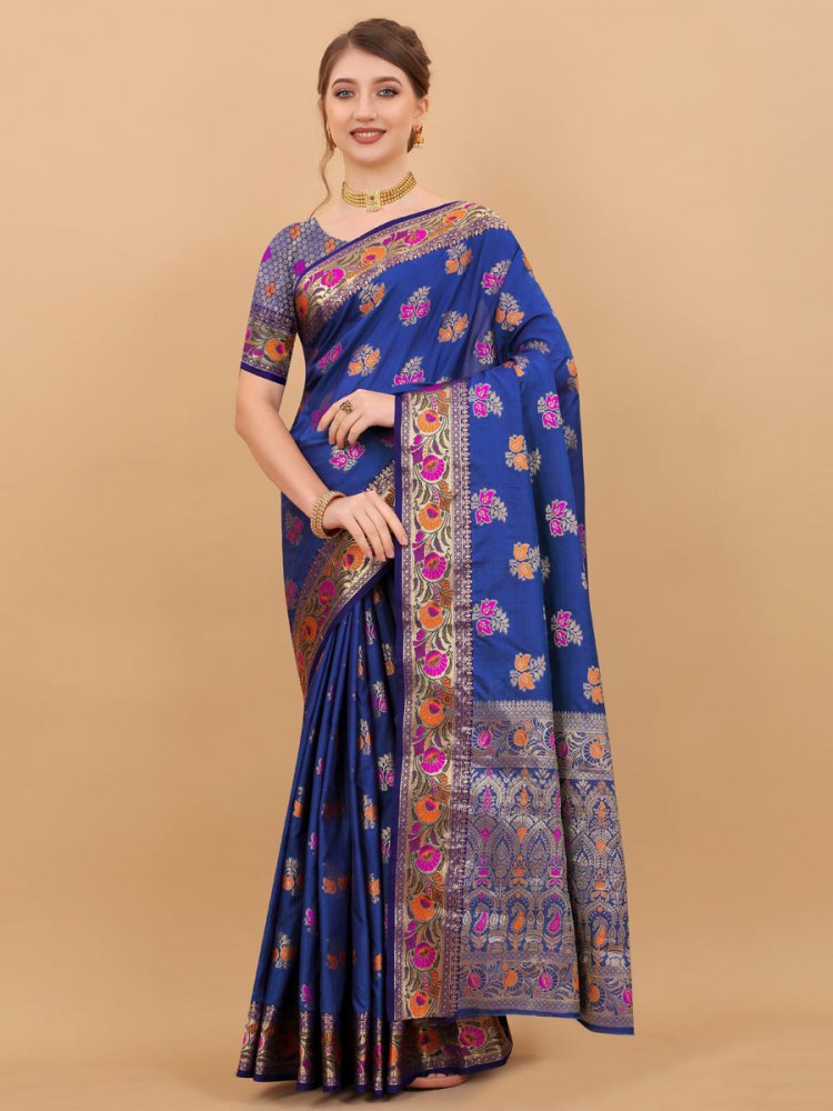 Persian Blue Brocade Silk Handwoven Festival Saree