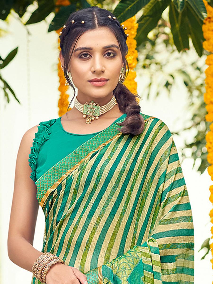 Persian Green Chiffon Brasso Printed Festival Saree