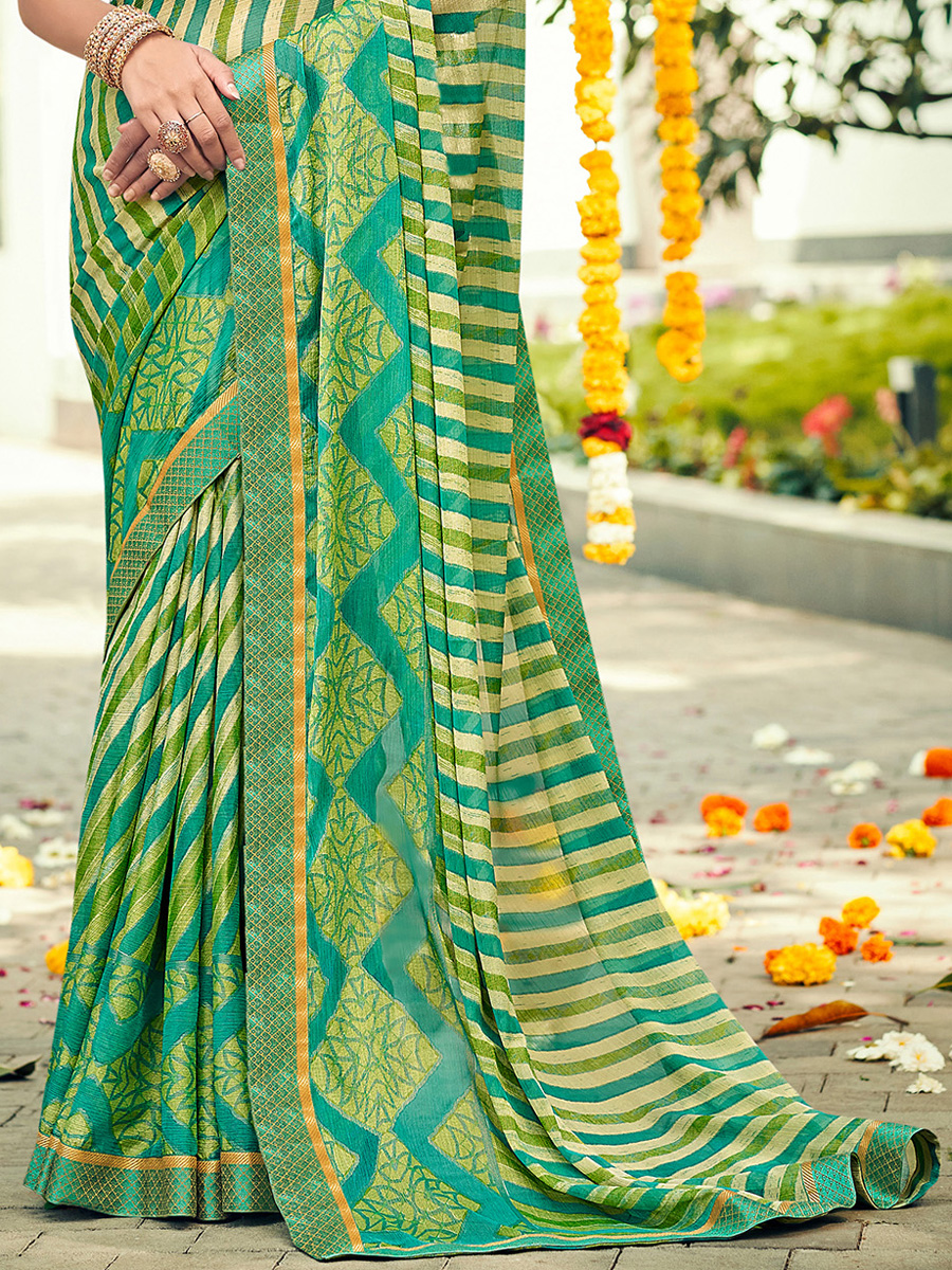 Persian Green Chiffon Brasso Printed Festival Saree