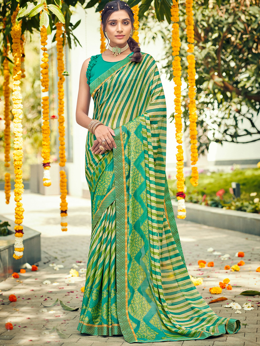 Persian Green Chiffon Brasso Printed Festival Saree