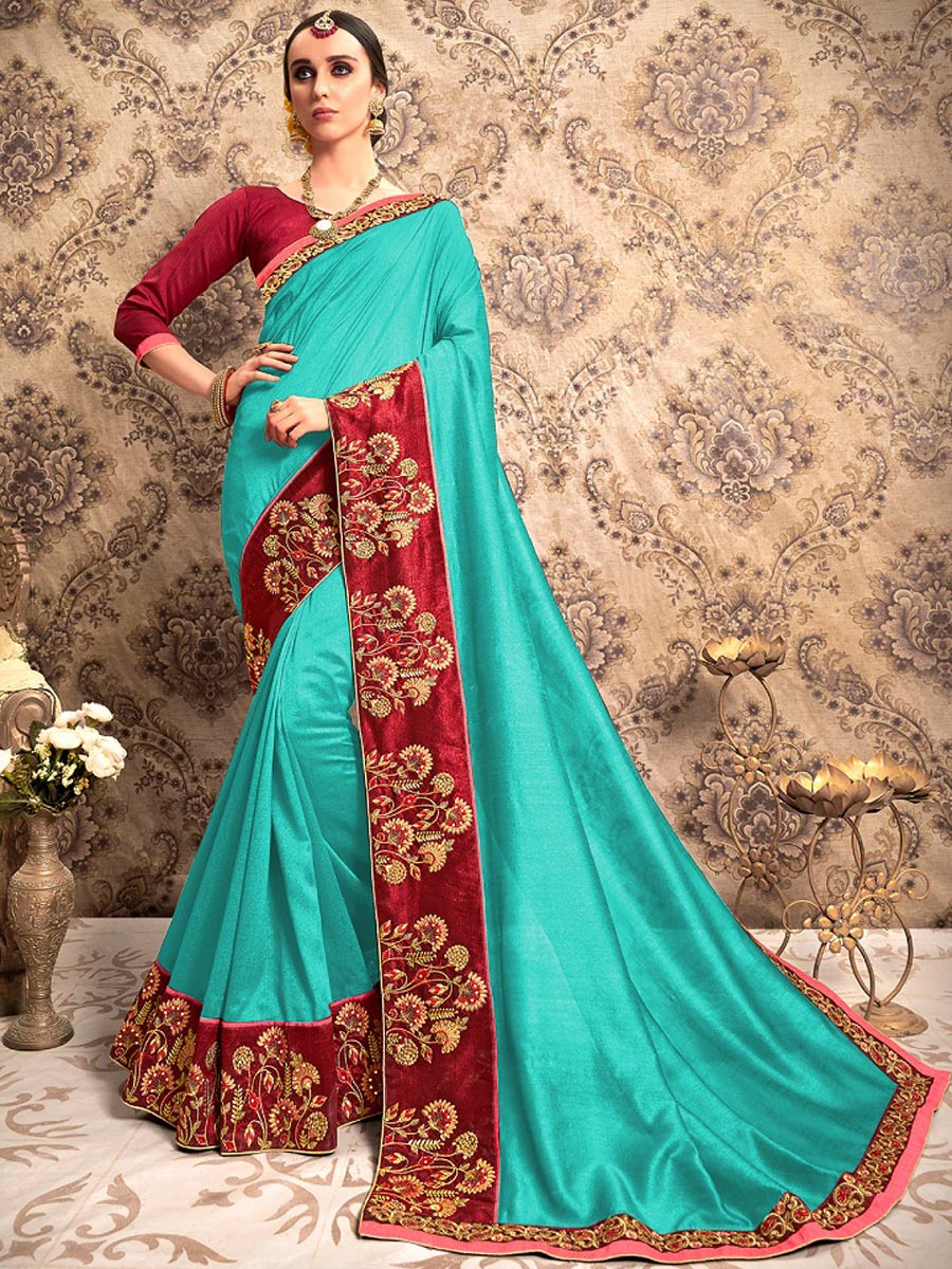 Persian Green Chiffon Embroidered Party Saree