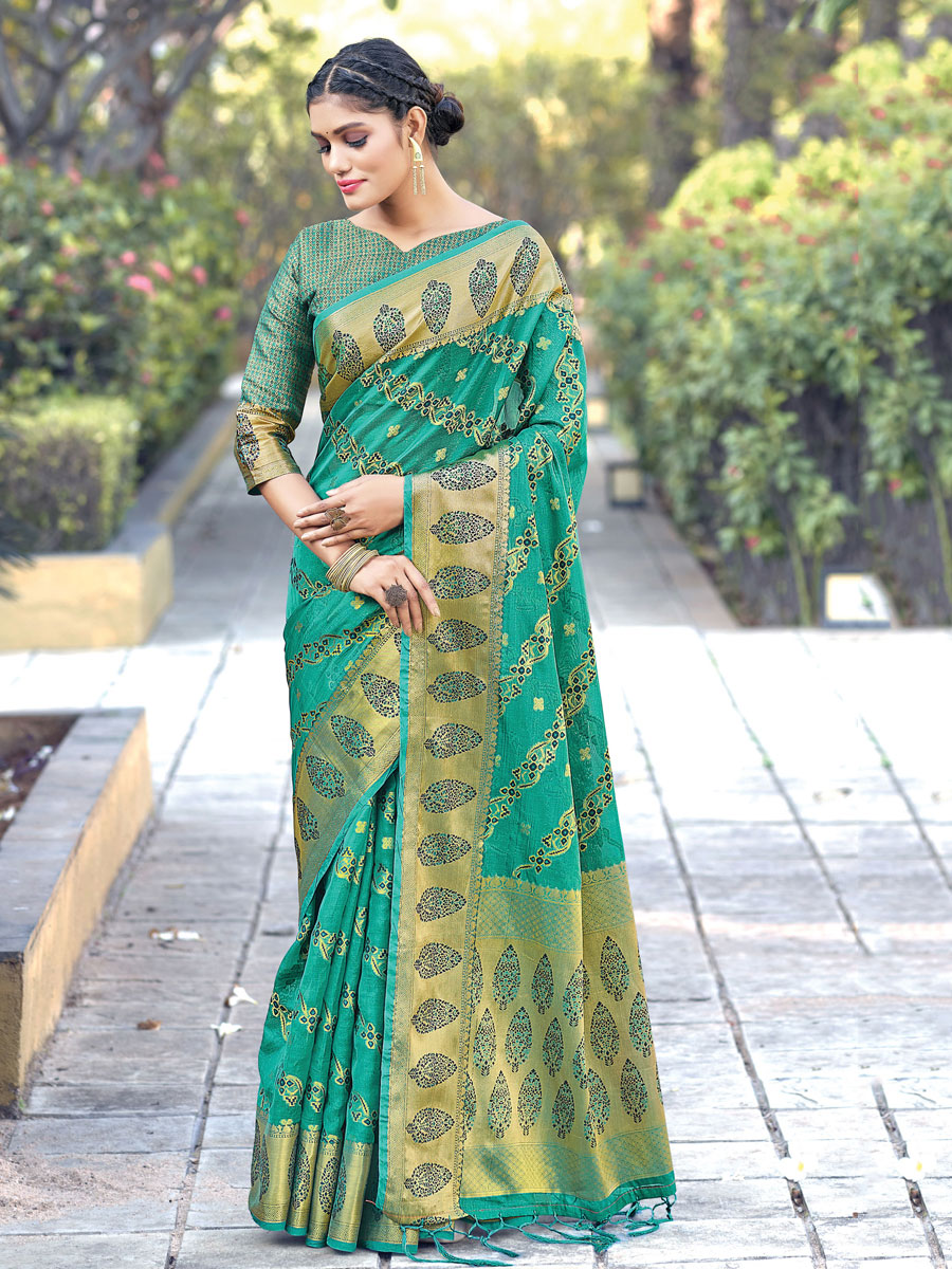 Persian Green Organza Handwoven Festival Saree