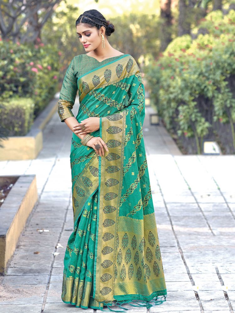Persian Green Organza Handwoven Festival Saree
