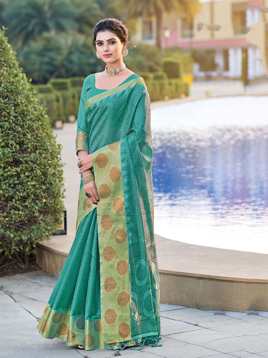 Persian Green Organza Handwoven Festival Saree