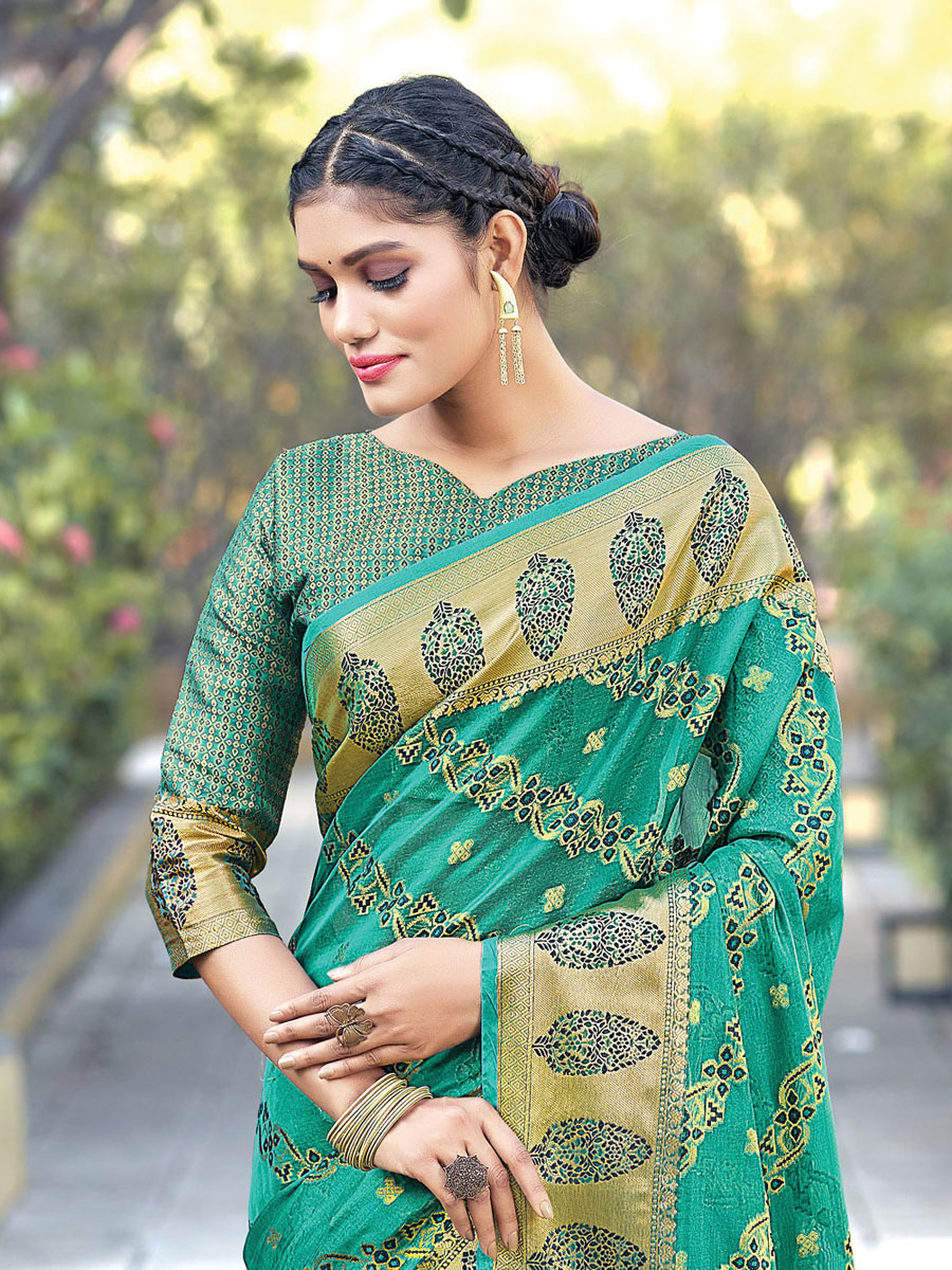 Persian Green Organza Handwoven Festival Saree