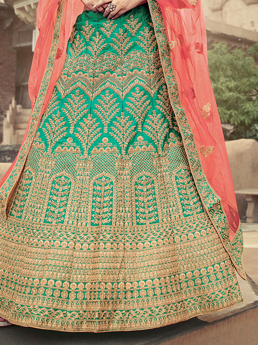 Persian Green Satin Embroidered Bridal Lehenga Choli