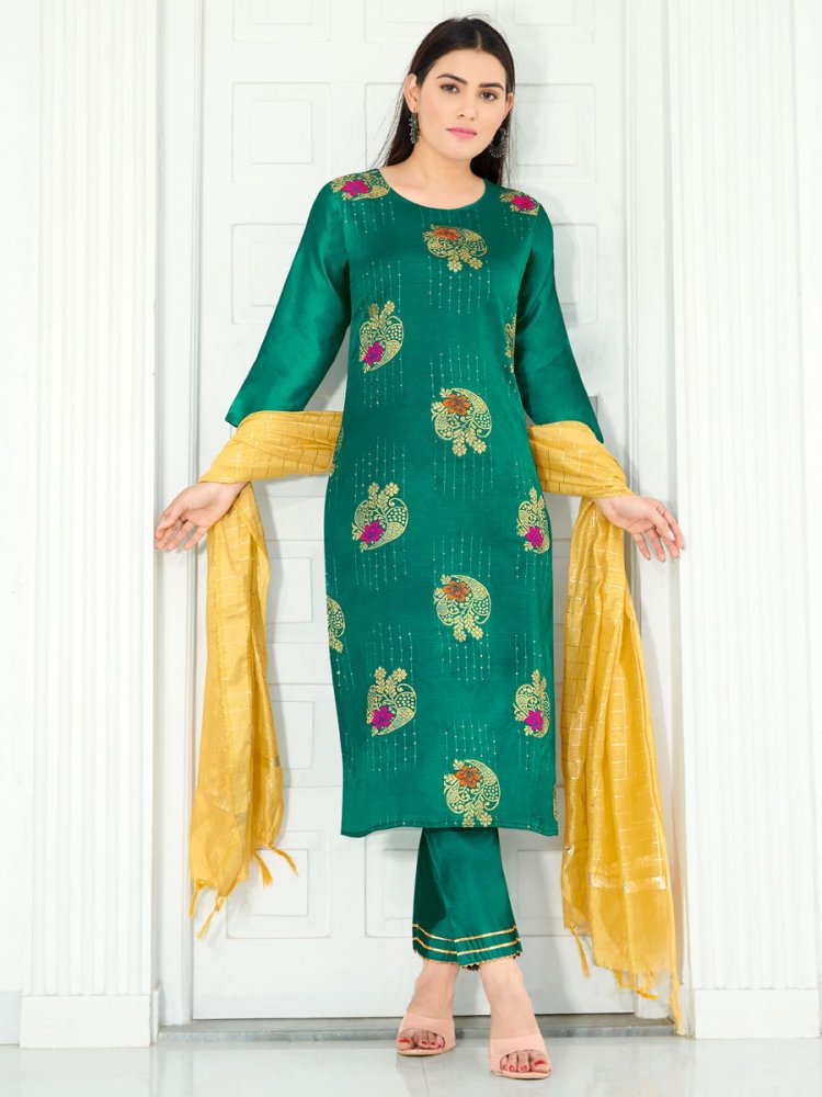 Persian Green Silk Handwoven Festival Pant Kameez