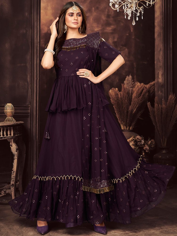 Persian Indigo Violet Faux Georgette Embroidered Party Palazzo Pant Kameez