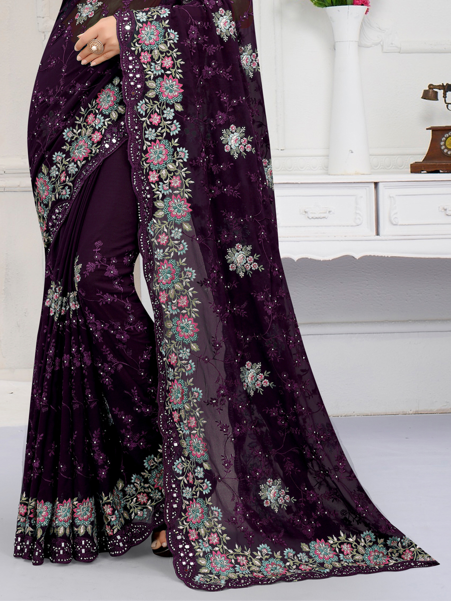 Persian Indigo Violet Faux Georgette Embroidered Party Saree