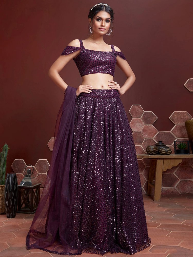 Persian Indigo Violet Net Embroidered Party Lehenga Choli