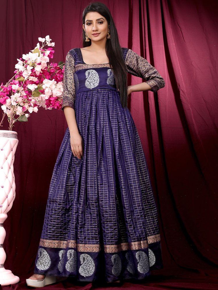 Persian Indigo Violet Pure Silk Handwoven Festival Gown