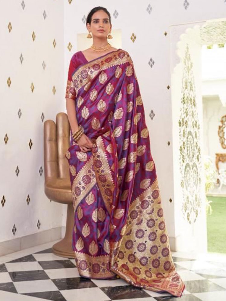 Persian Indigo Violet Satin Silk Handwoven Party Saree