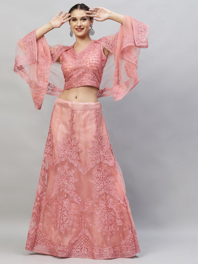 Persian Pink Net Embroidered Party Lehenga Choli