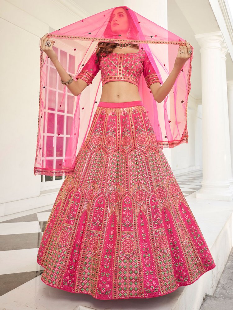 Persian Pink Silk Embroidered Wedding Lehenga Choli