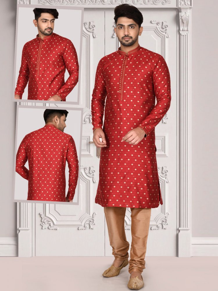 Persian Red Brocade Printed Festival Kurta