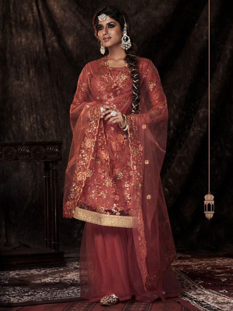 Persian Red Net Embroidered Party Palazzo Pant Kameez