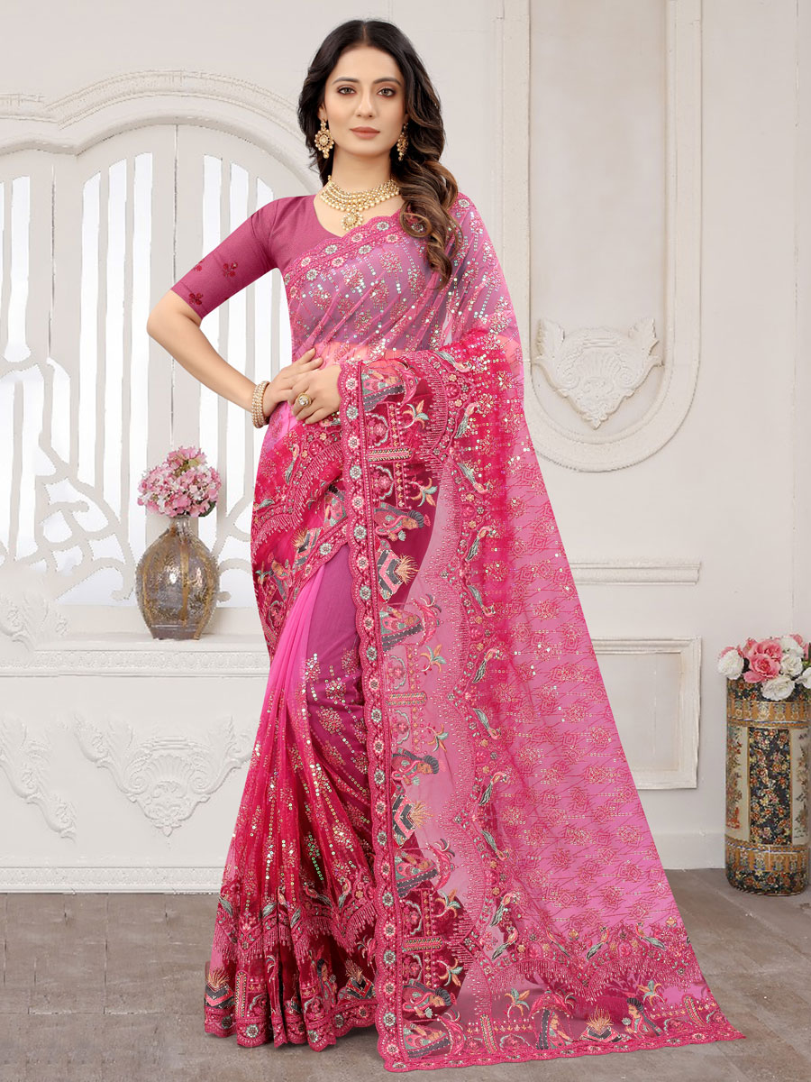 Persian Rose Pink Net Embroidered Party Saree