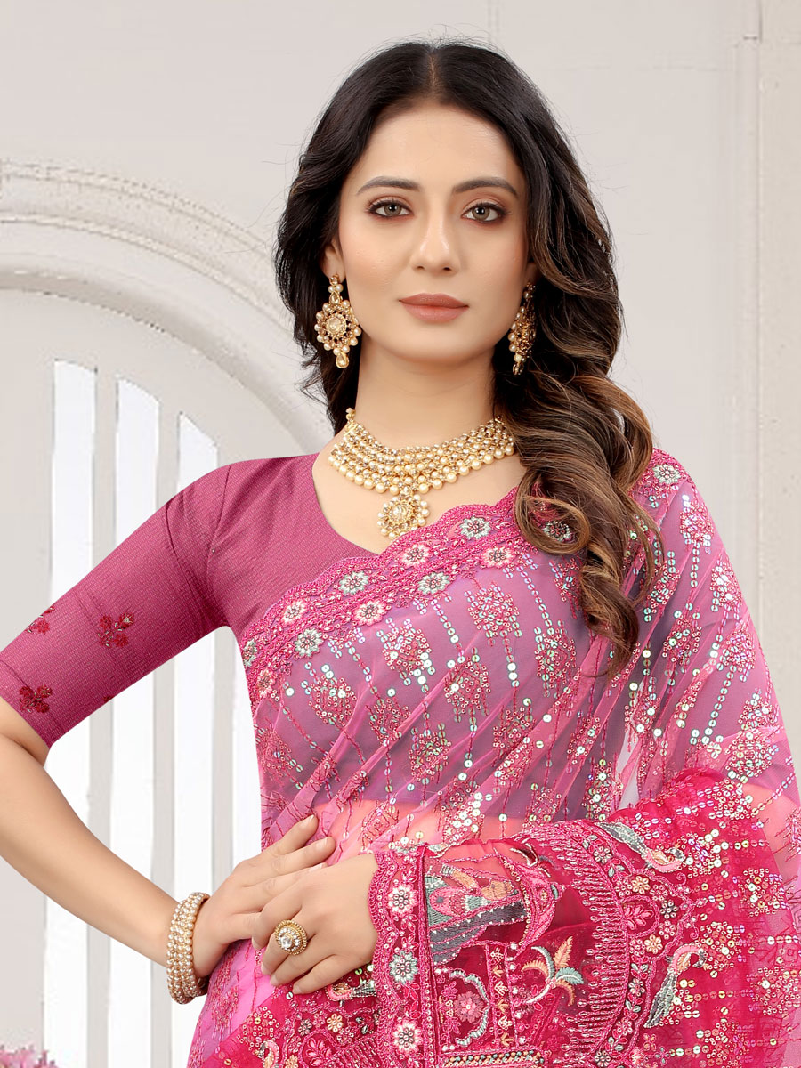 Persian Rose Pink Net Embroidered Party Saree