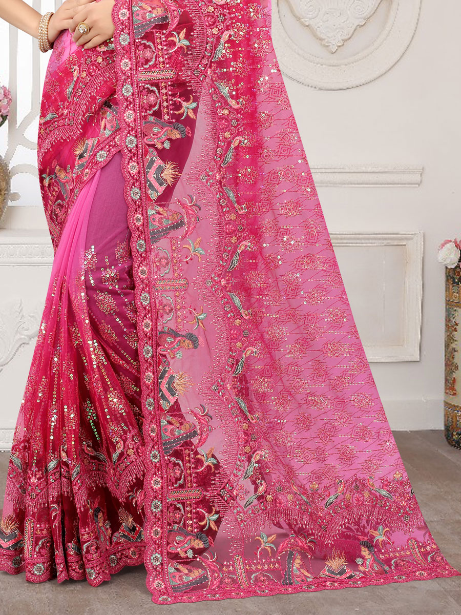 Persian Rose Pink Net Embroidered Party Saree