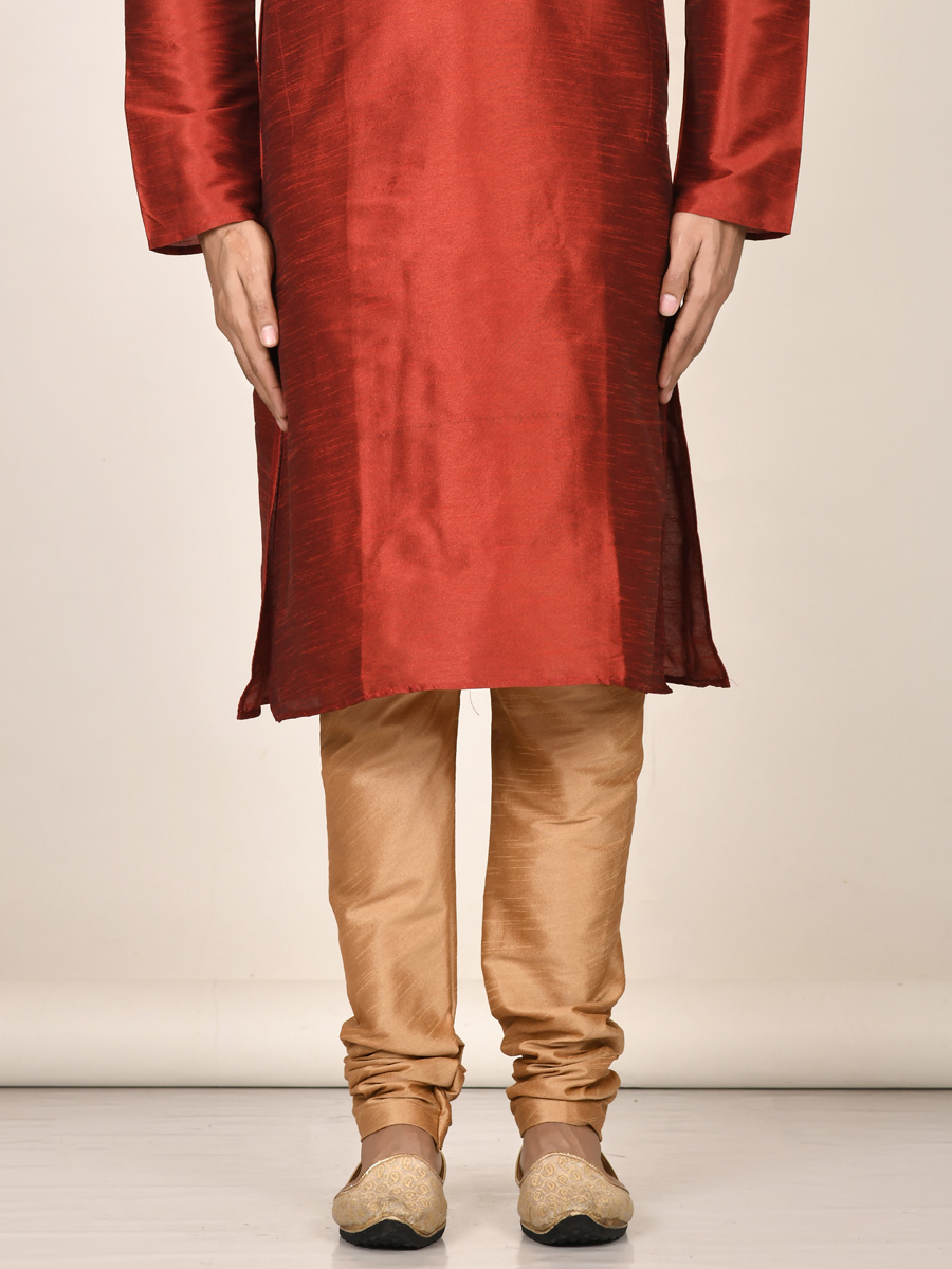 Persimmon Red Dupion Silk Embroidered Party Kurta