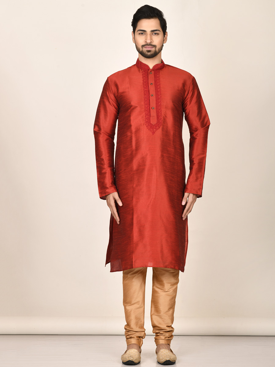 Persimmon Red Dupion Silk Embroidered Party Kurta