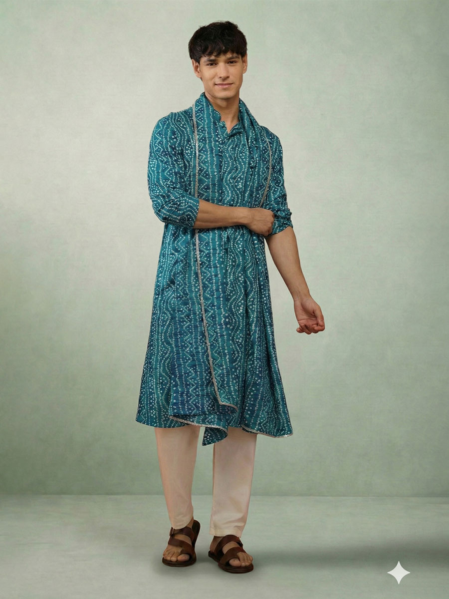 Petrol Blue Cotton  Bandhani Printed Wedding Festival Party Wear Casual Mens Kurta