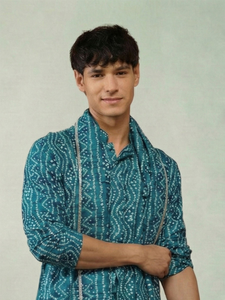 Petrol Blue Cotton  Bandhani Printed Wedding Festival Party Wear Casual Mens Kurta